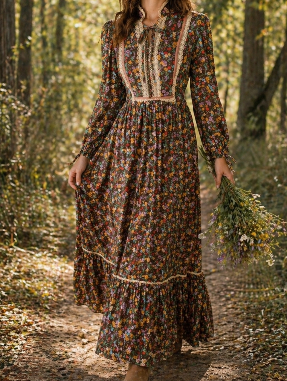 Vintage Prairie Dress Floral Lace Maxi Cottagecore Boho 70s XS S